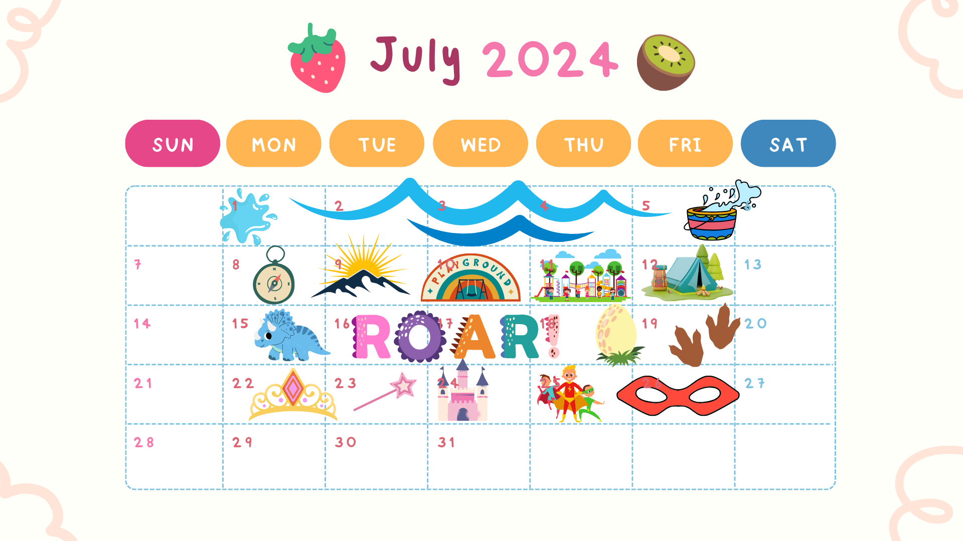 a visual display of the Summer camp themes and dates